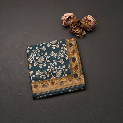 Modal Silk Dark Teal Blue Floral Printed Saree