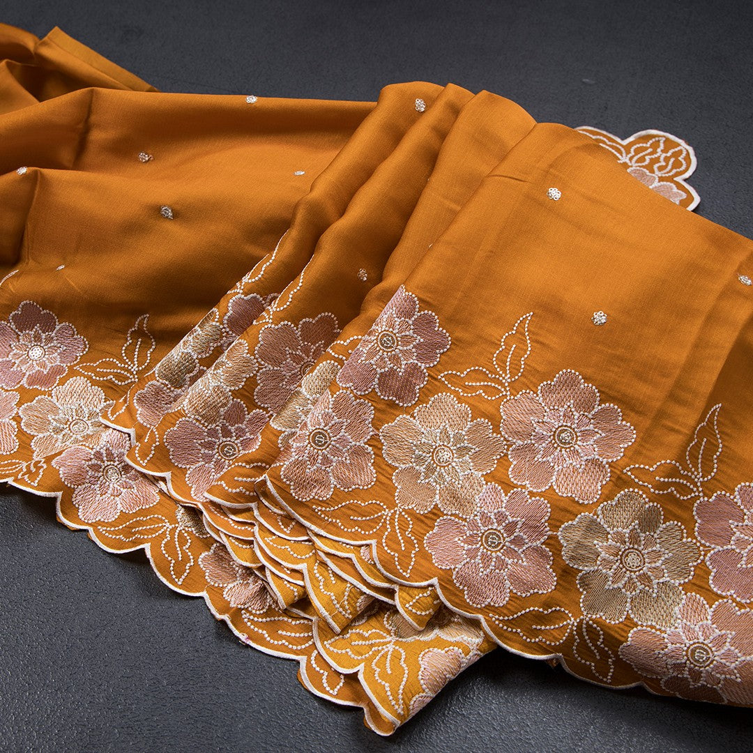 Semi Raw Silk Mango Yellow Embroidered Saree With Floral Border Design