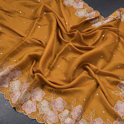 Semi Raw Silk Mango Yellow Embroidered Saree With Floral Border Design - Shriyara by Kumaran Silks