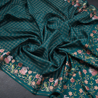 Semi Raw Silk Peacock Green Zari Checked Saree And Embroidered Border - Shriyara by Kumaran Silks