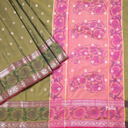 Semi Kataan Olive Green Saree With Zari Buttas