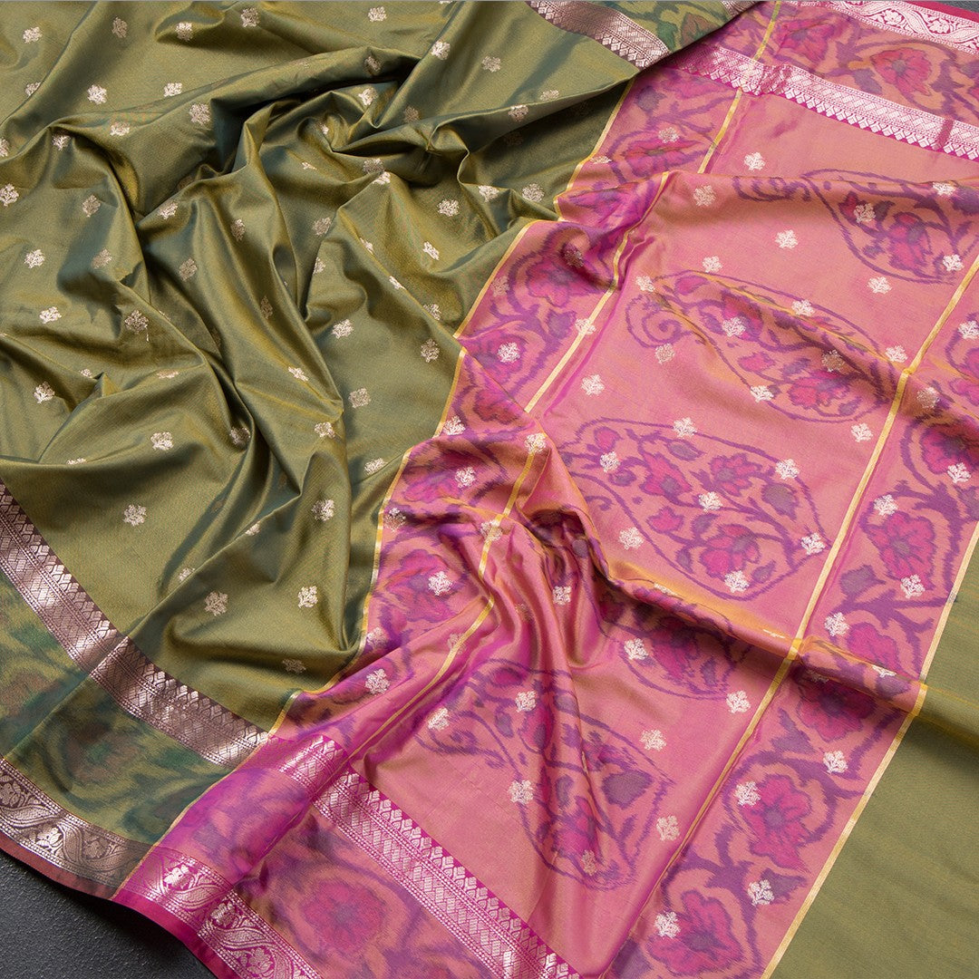 Semi Kataan Olive Green Saree With Zari Buttas - Shriyara by Kumaran Silks