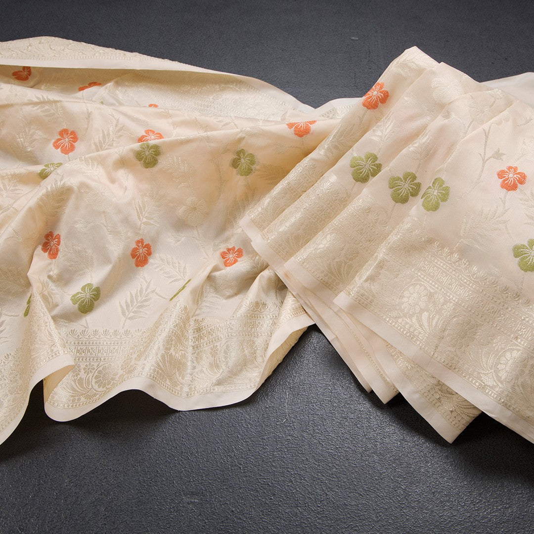Semi Kataan Cream Zari Worked Saree
