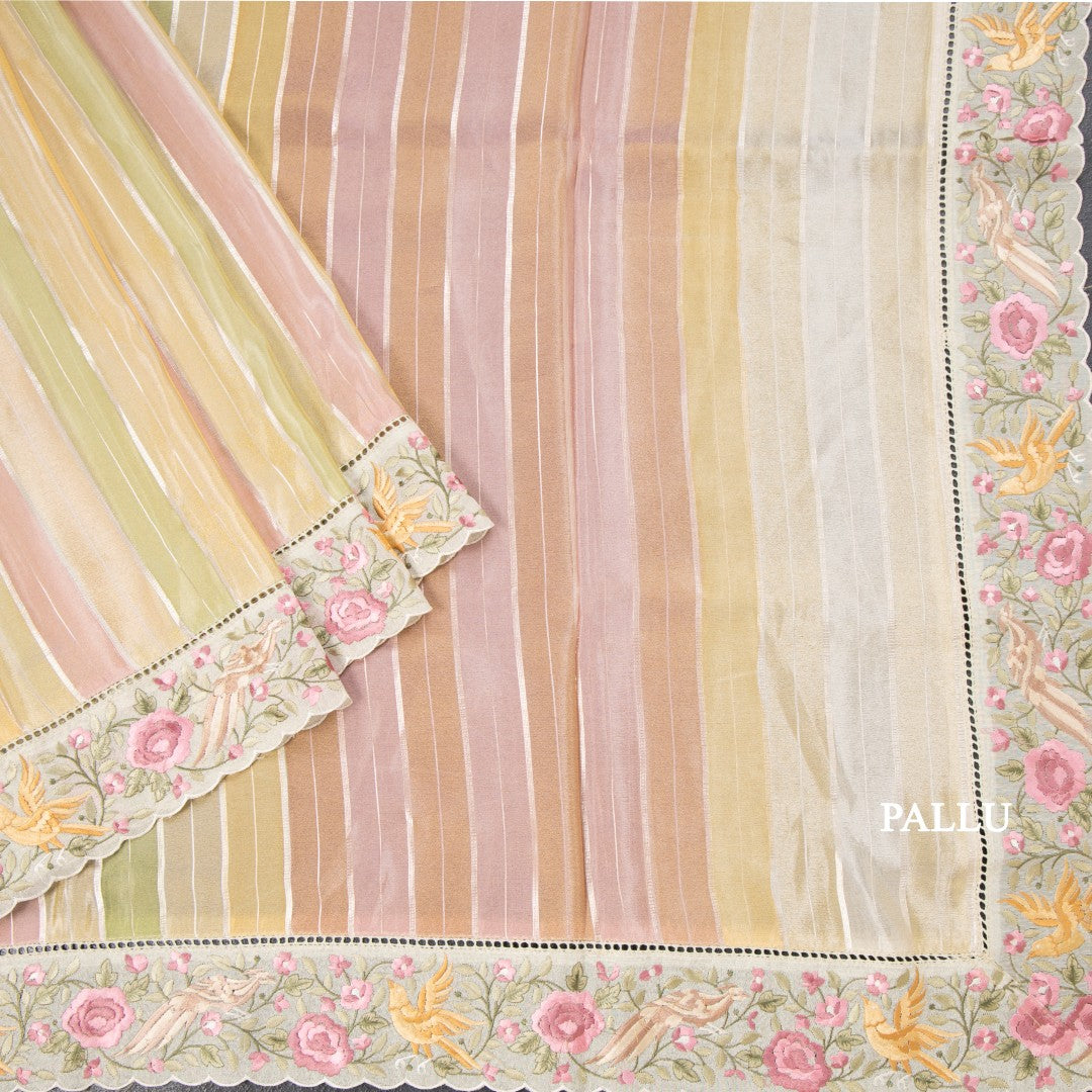 Tissue Multi Colour Zari Stripes With Thread Border Saree