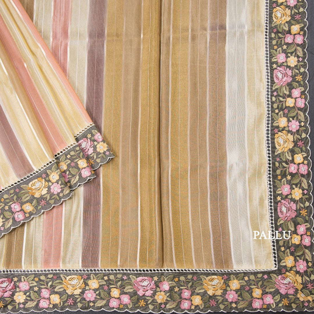 Tissue Multi Colour Zari Stripes With Thread Border Saree 03