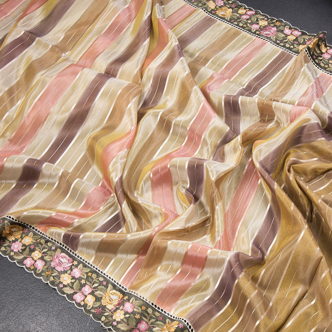Tissue Multi Colour Zari Stripes With Thread Border Saree 03