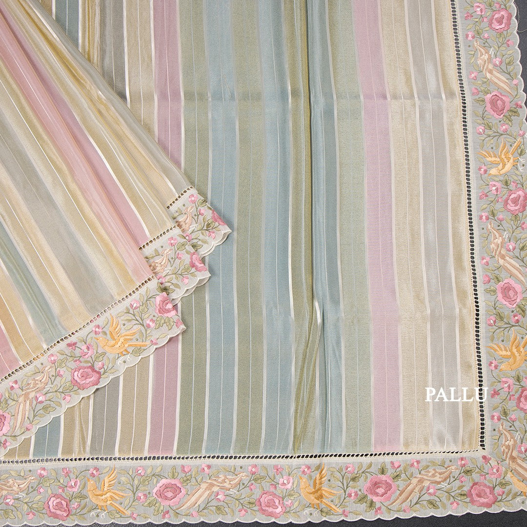 Tissue Multi Colour Zari Stripes With Thread Border Saree 04