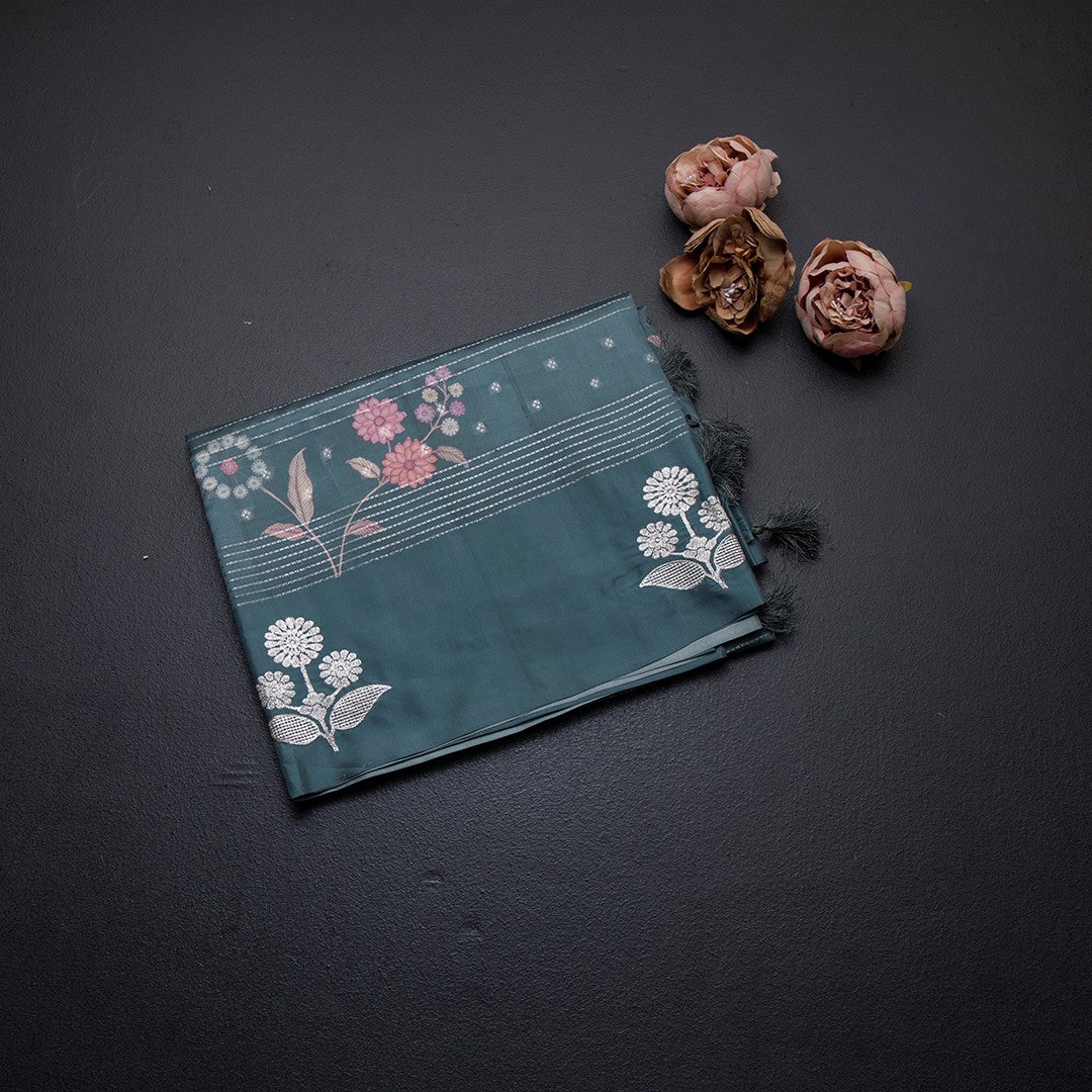 Satin Silk Sage Green Floral Printed With Thread Work Saree