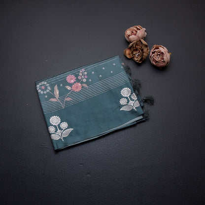 Satin Silk Sage Green Floral Printed With Thread Work Saree