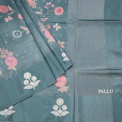 Satin Silk Sage Green Floral Printed With Thread Work Saree