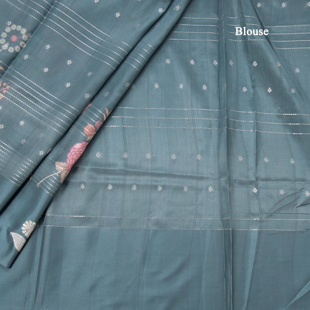 Satin Silk Sage Green Floral Printed With Thread Work Saree