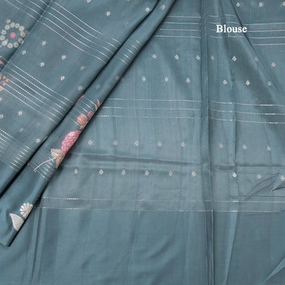 Satin Silk Sage Green Floral Printed With Thread Work Saree