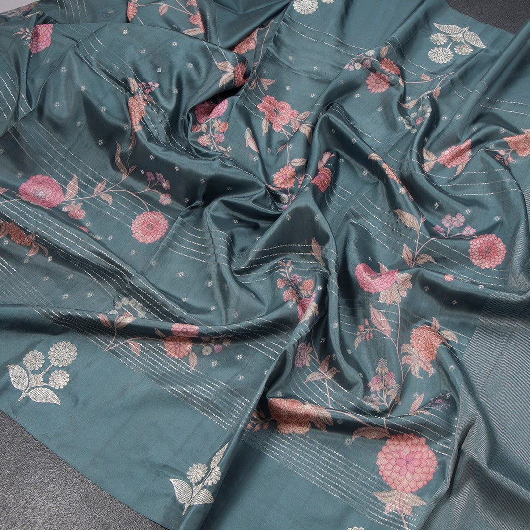Satin Silk Sage Green Floral Printed With Thread Work Saree