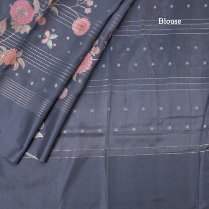 Satin Silk Grey Floral Printed With Thread Work Saree
