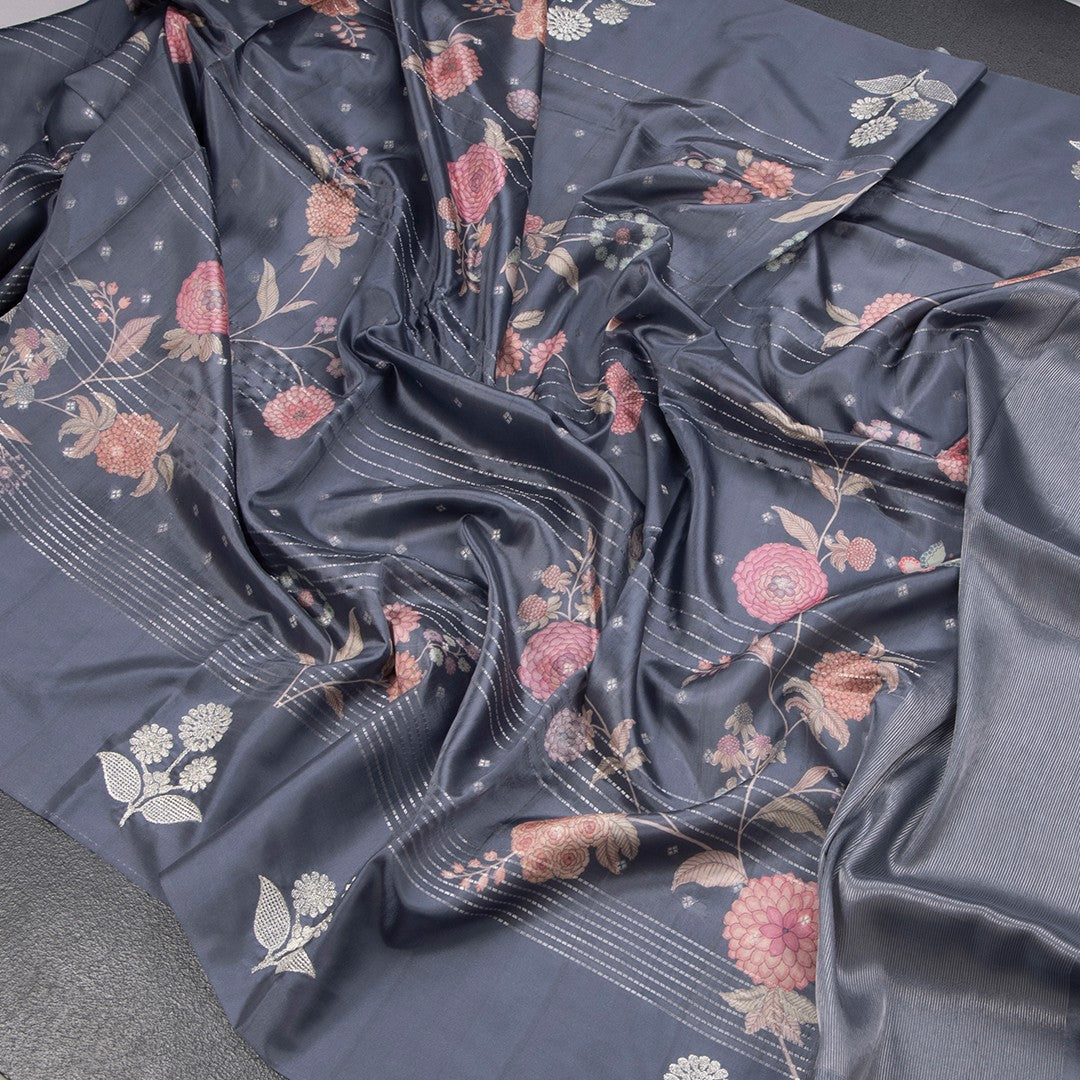 Satin Silk Grey Floral Printed With Thread Work Saree