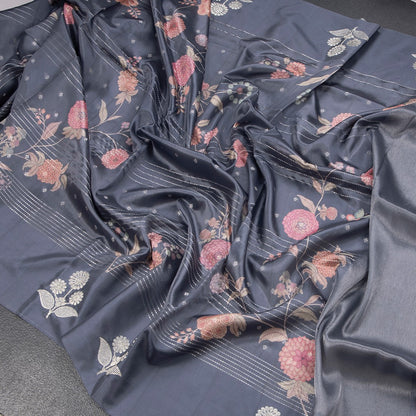 Satin Silk Grey Floral Printed With Thread Work Saree
