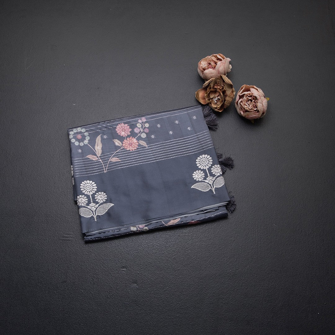 Satin Silk Grey Floral Printed With Thread Work Saree