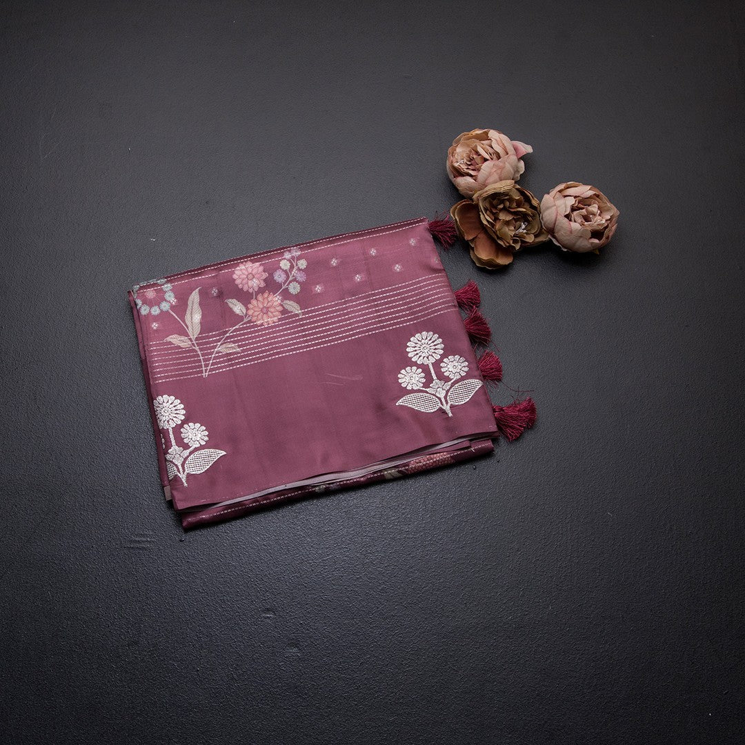 Satin Silk Onion Pink Floral Printed With Thread Work Saree