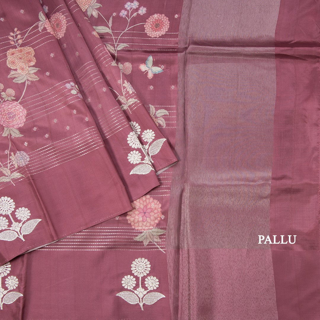 Satin Silk Onion Pink Floral Printed With Thread Work Saree