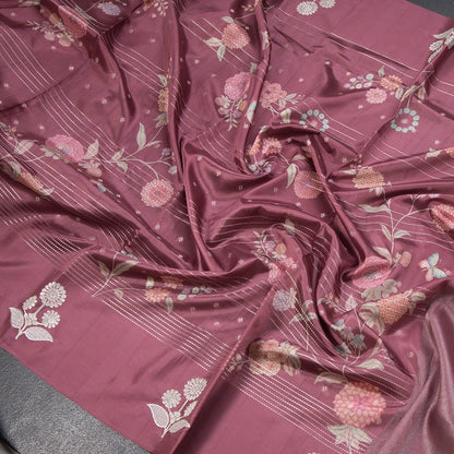Satin Silk Onion Pink Floral Printed With Thread Work Saree