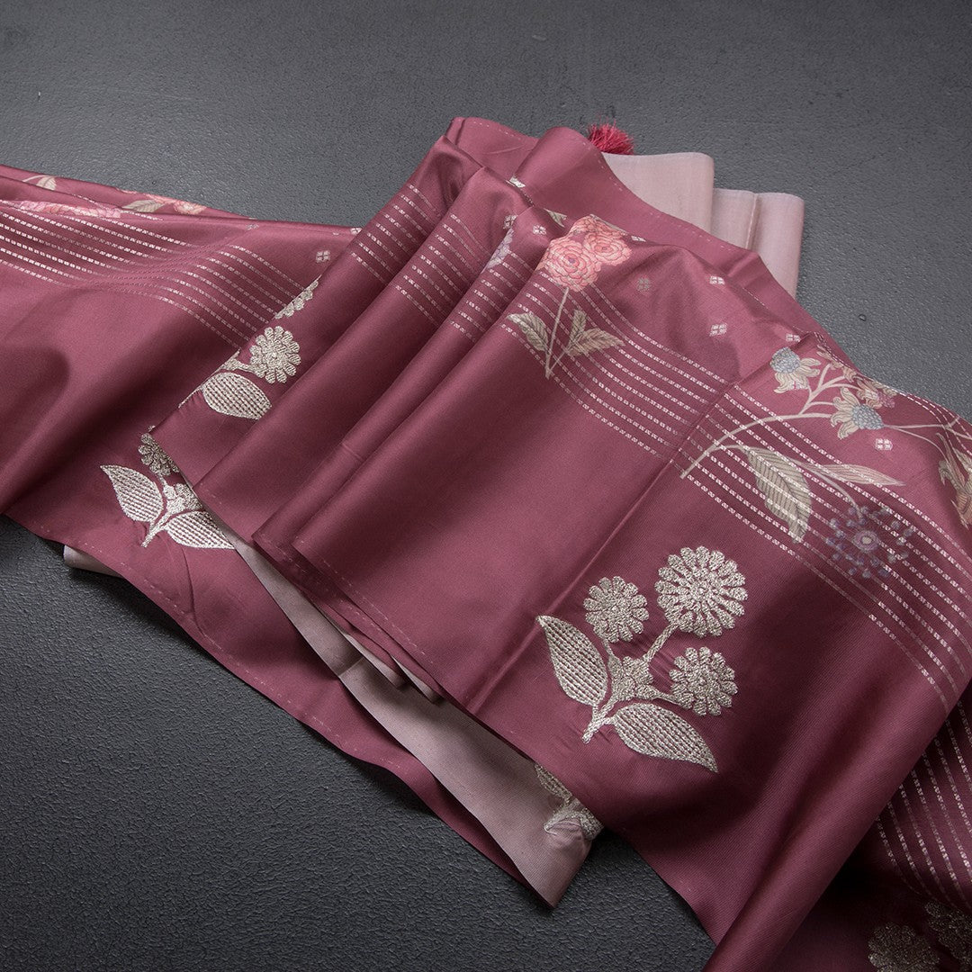 Satin Silk Onion Pink Floral Printed With Thread Work Saree
