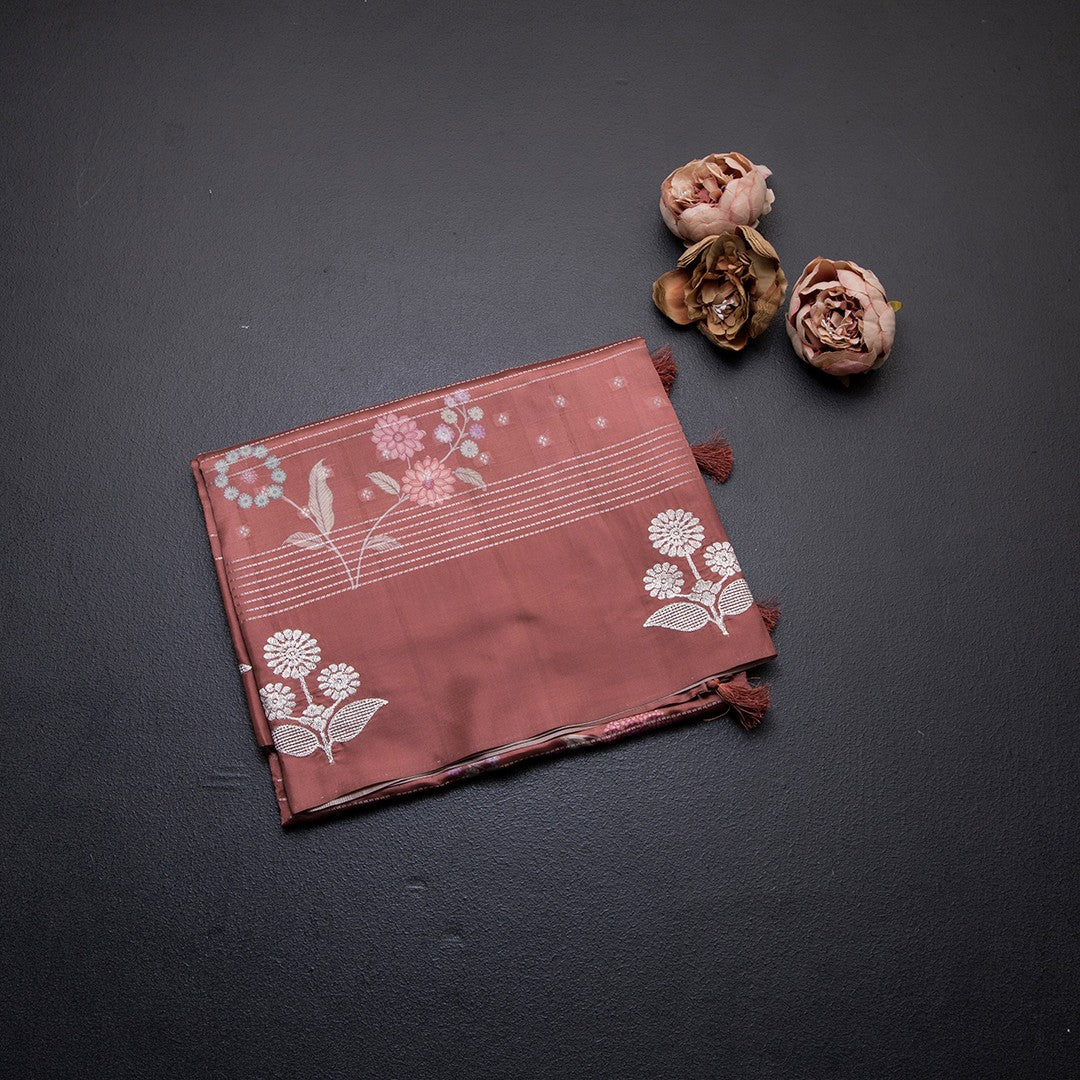 Satin Silk Burnt Umber Brown Floral Printed With Thread Work Saree