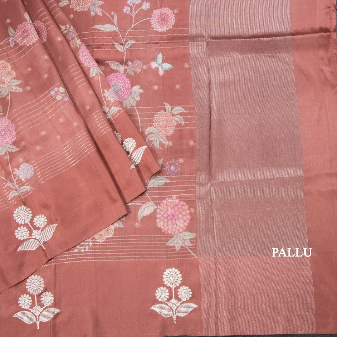 Satin Silk Burnt Umber Brown Floral Printed With Thread Work Saree