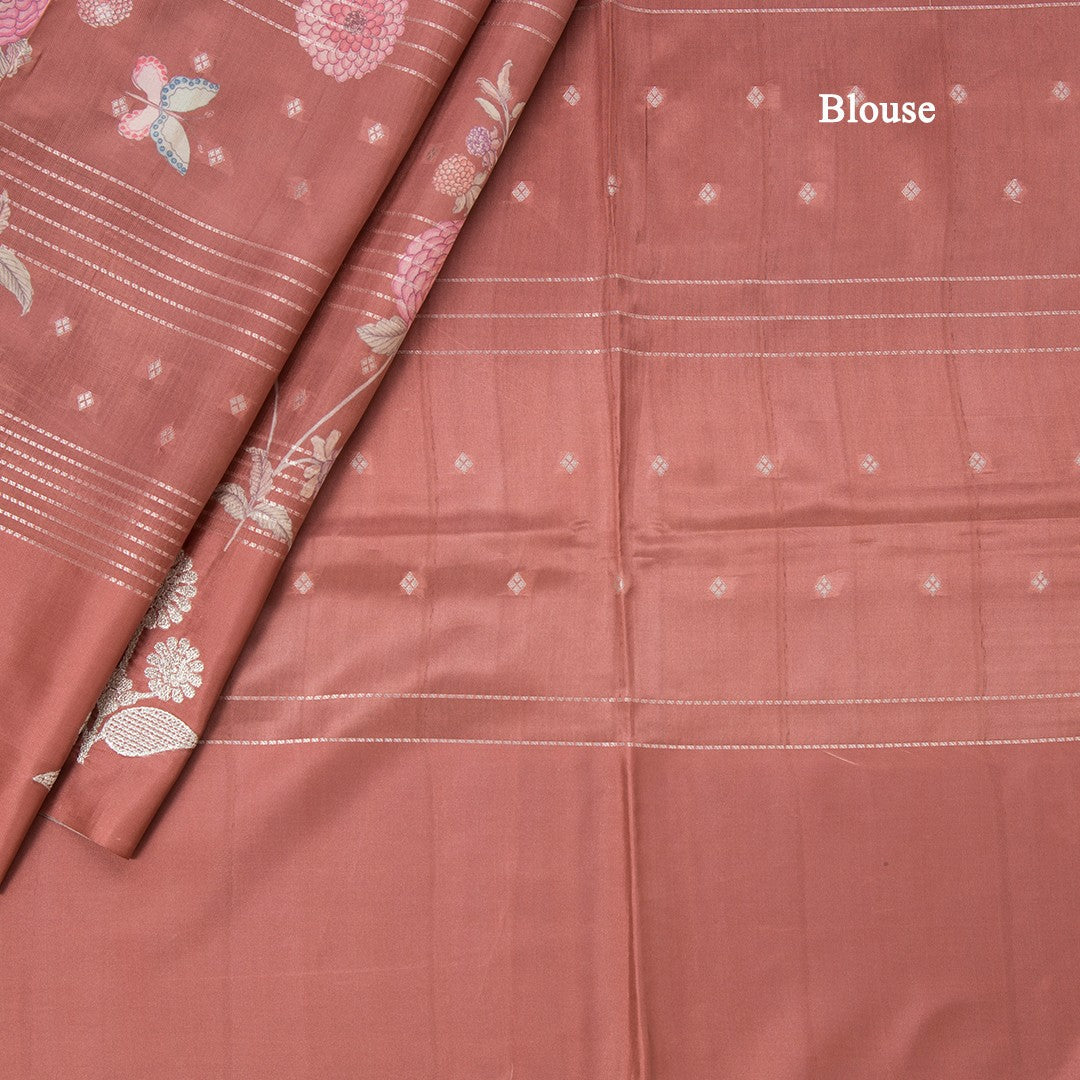Satin Silk Burnt Umber Brown Floral Printed With Thread Work Saree