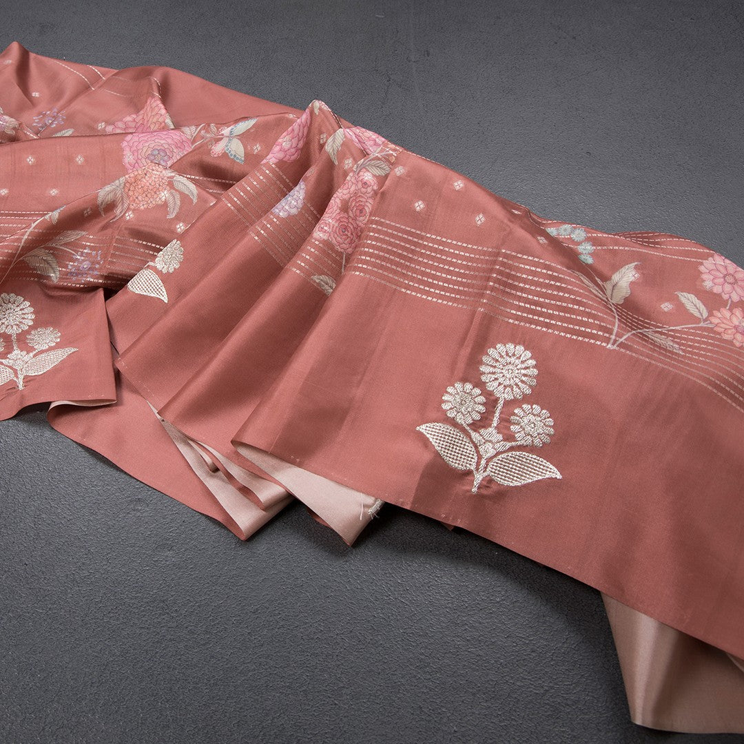 Satin Silk Burnt Umber Brown Floral Printed With Thread Work Saree