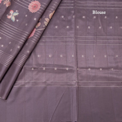 Satin Silk Wine Colour Floral Printed With Thread Work Saree