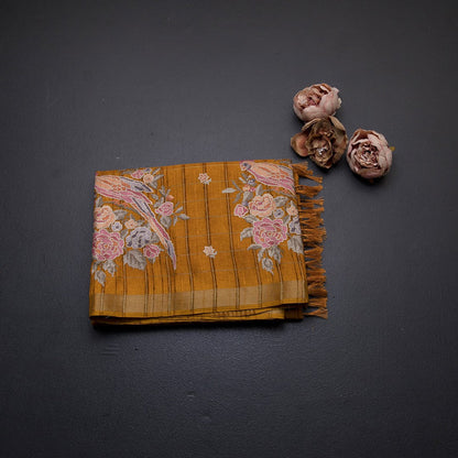 Raw Silk Mango Yellow Zari Checks With Thread Work Saree