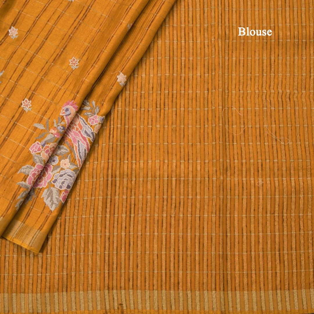 Raw Silk Mango Yellow Zari Checks With Thread Work Saree