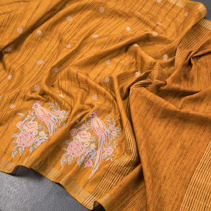 Raw Silk Mango Yellow Zari Checks With Thread Work Saree