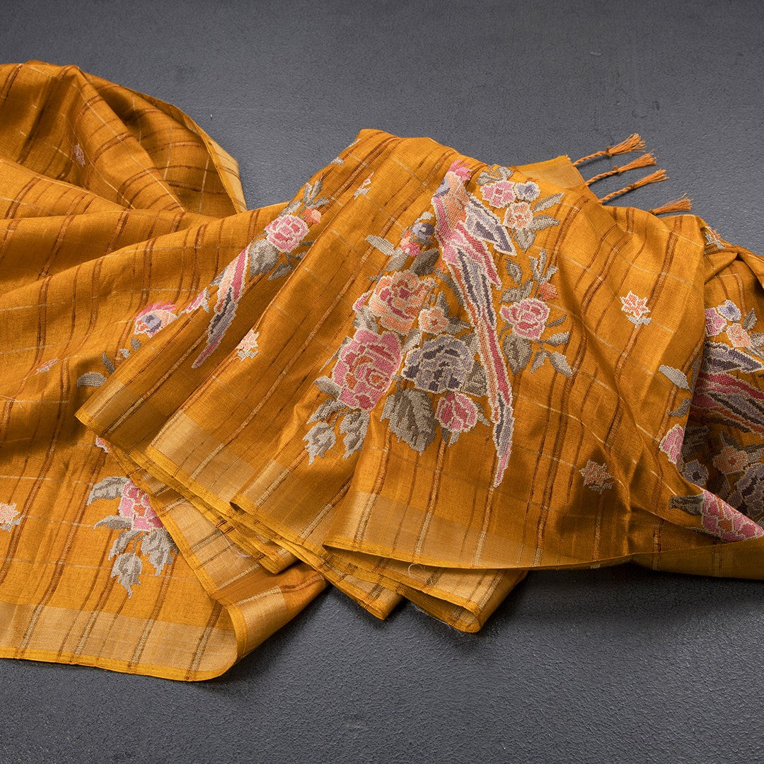 Raw Silk Mango Yellow Zari Checks With Thread Work Saree