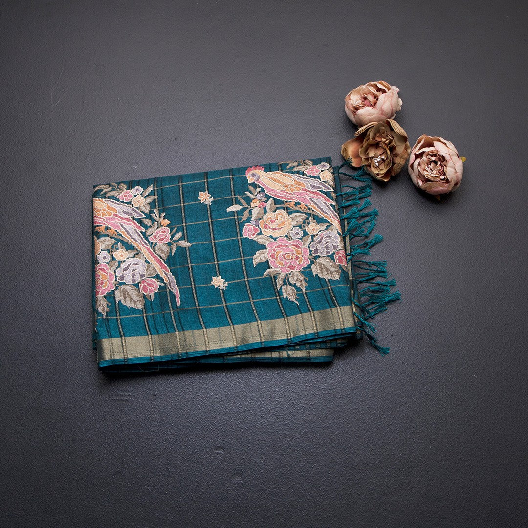 Raw Silk Peacock Green Zari Checks With Thread Work Saree