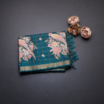 Raw Silk Peacock Green Zari Checks With Thread Work Saree