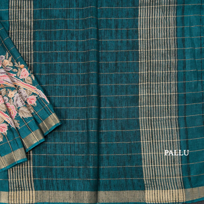 Raw Silk Peacock Green Zari Checks With Thread Work Saree