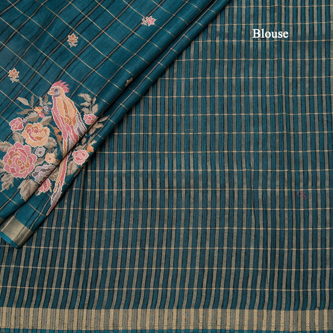 Raw Silk Peacock Green Zari Checks With Thread Work Saree