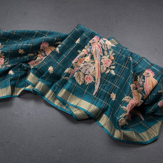 Raw Silk Peacock Green Zari Checks With Thread Work Saree