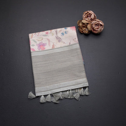 Tussar Cream Floral Printed Saree