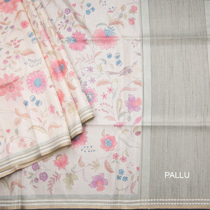 Tussar Cream Floral Printed Saree
