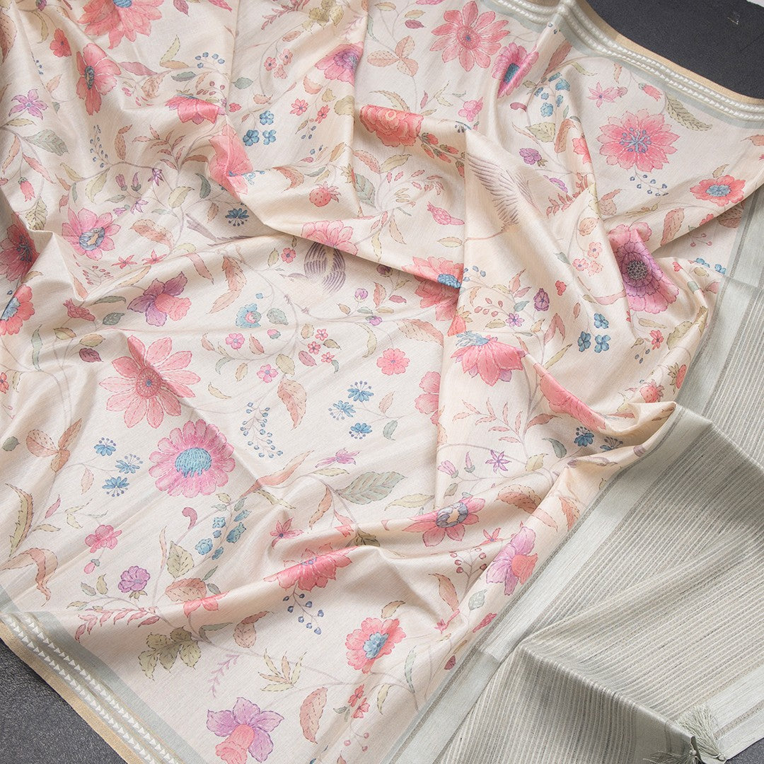 Tussar Cream Floral Printed Saree - Shriyara by Kumaran Silks