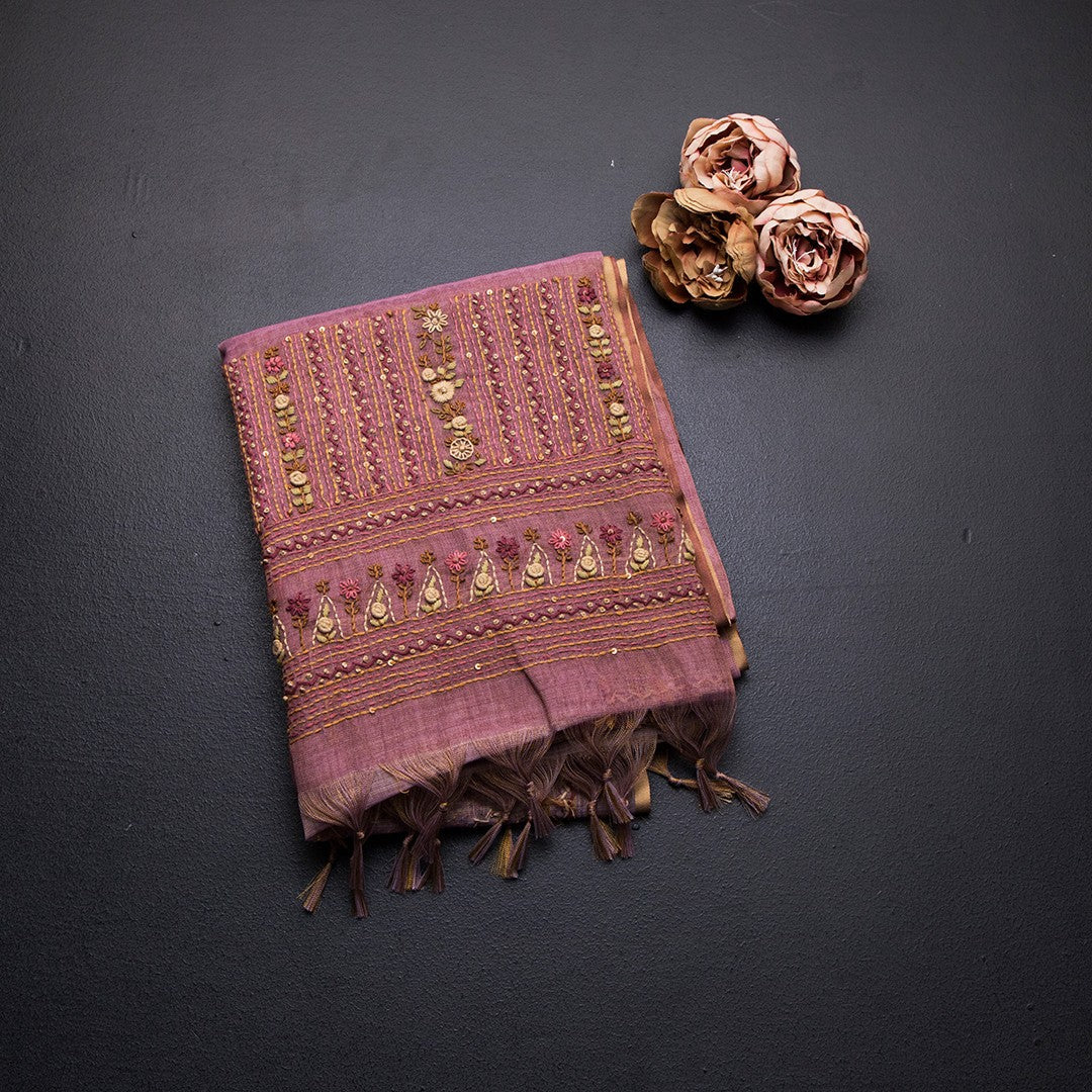 Linen Onion Pink Thread Work Saree