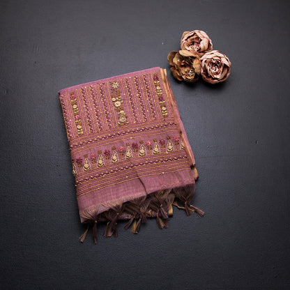 Linen Onion Pink Thread Work Saree