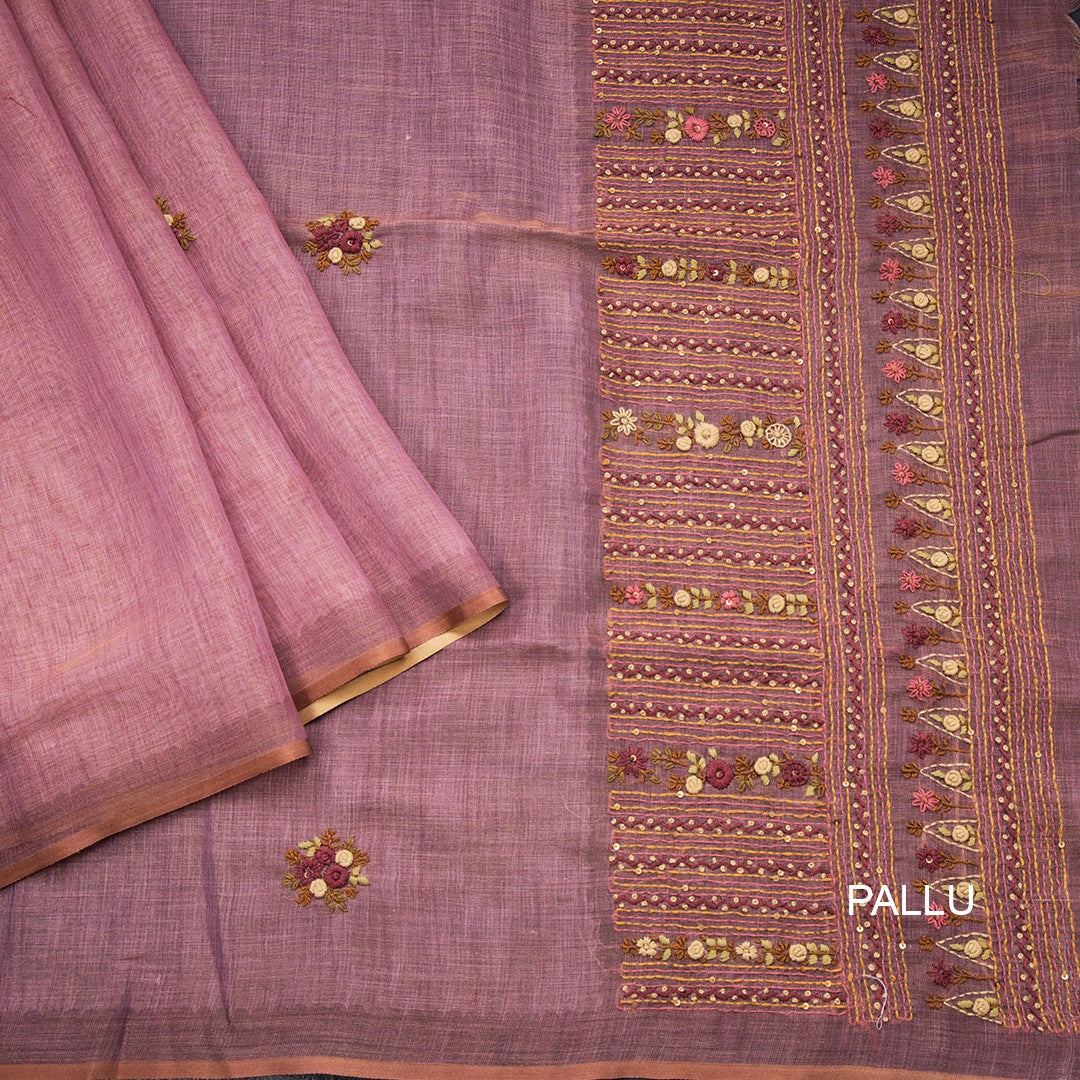 Linen Onion Pink Thread Work Saree