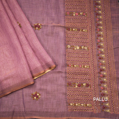 Linen Onion Pink Thread Work Saree