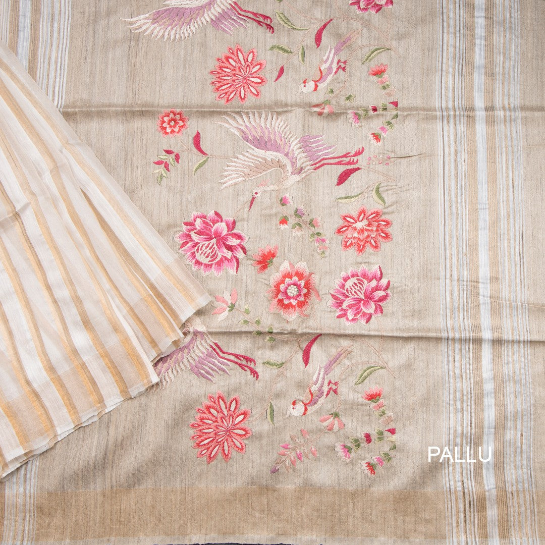 Raw Silk Cream Stripes With Thread Work Saree