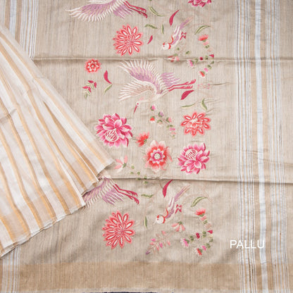 Raw Silk Cream Stripes With Thread Work Saree