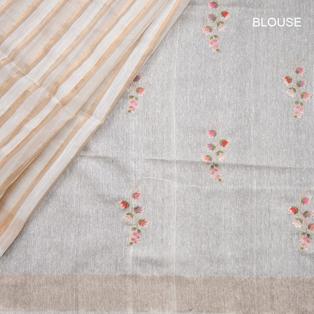 Raw Silk Cream Stripes With Thread Work Saree