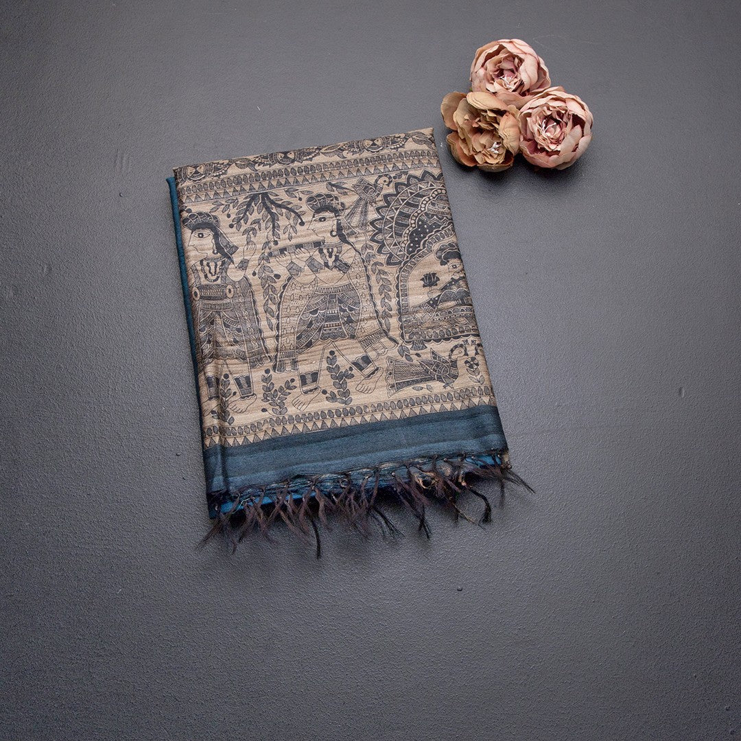 Raw Silk Dark Peacock Blue Plain With Printed Work Saree